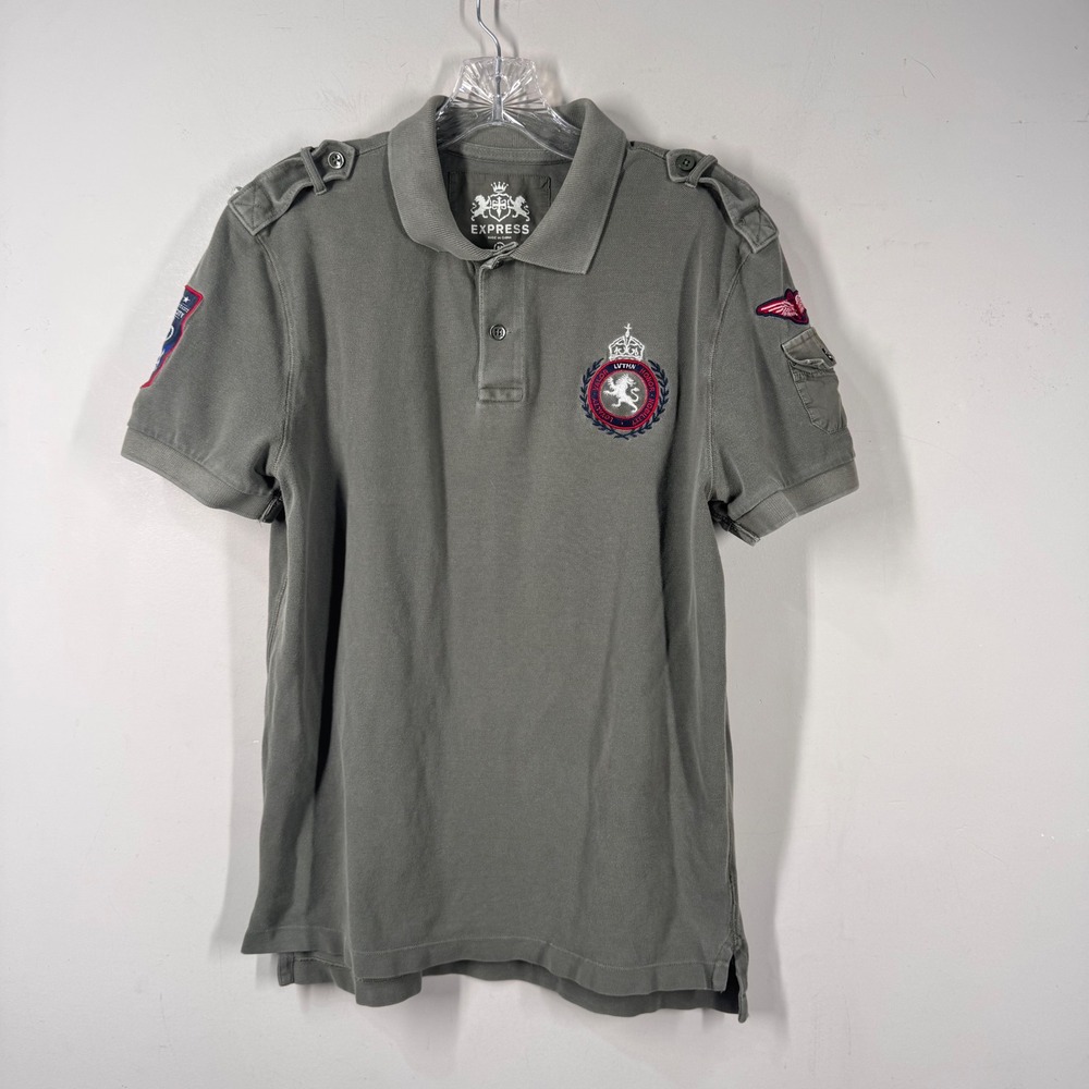 Express Mens Vtg Y2K Military Pique Polo Shirt Olive Green Patch Epaulettes Sz M